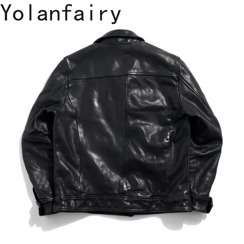 YOLANFAIRY Vintage Distressed Top Layer Cowhide Jacket Men Lapel Short Genuine Leather Coat Retro Real Leather Jackets Outerwear