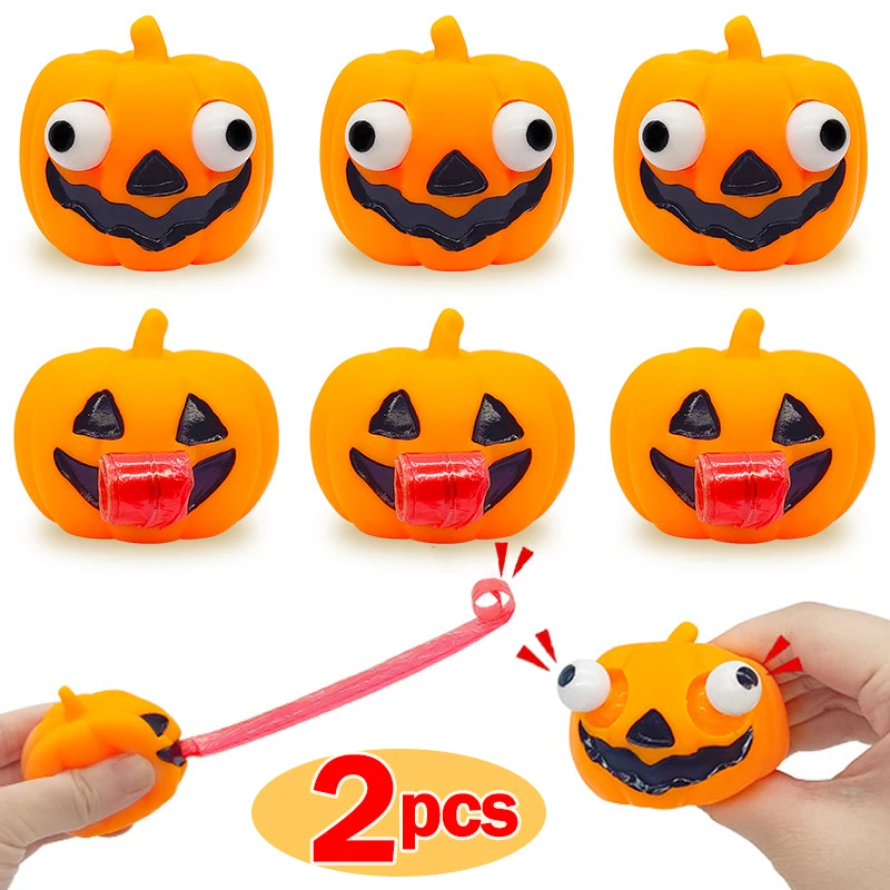 

2pcs Halloween Squeeze Convex Eye Pumpkin Vent Decompression Toy Creative Eye-popping Tongue Pumpkin Funny Toy Ornaments Gifts