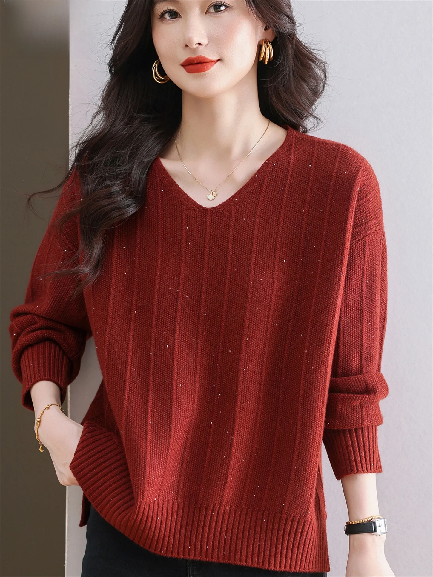 

Comfortable Woolen Base irt Low Ne Casual Sle Women's Faion Autumn Winter New Arrival Versatile Top for Middle-Aged A...