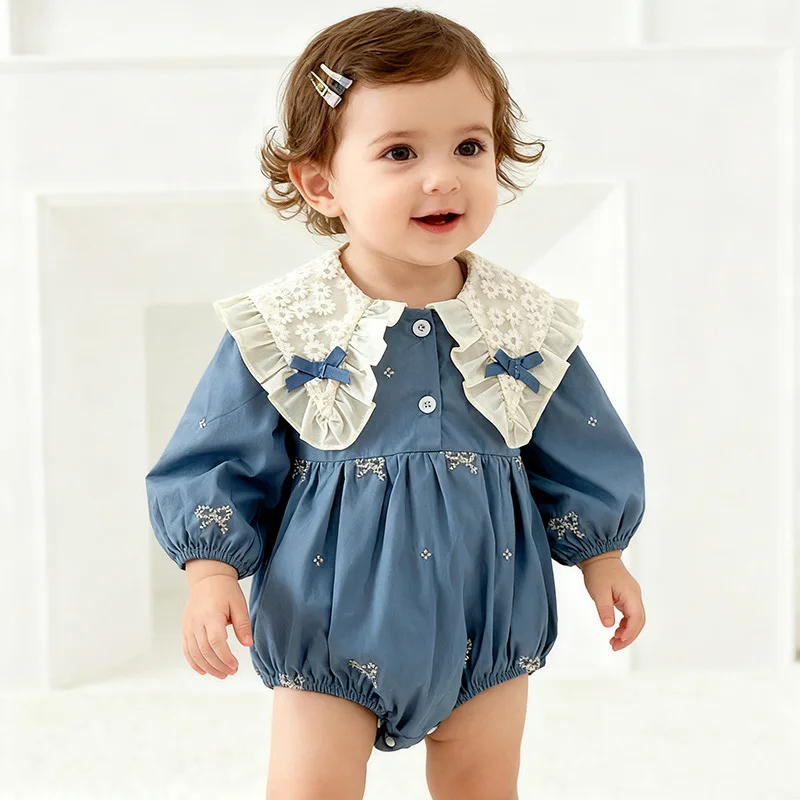 Baby Romper Spring Season Butterfly Knot Embroidered Collar Long Sleeve Cotton Baby Clothes Girl Cute Bottom Covering Suit