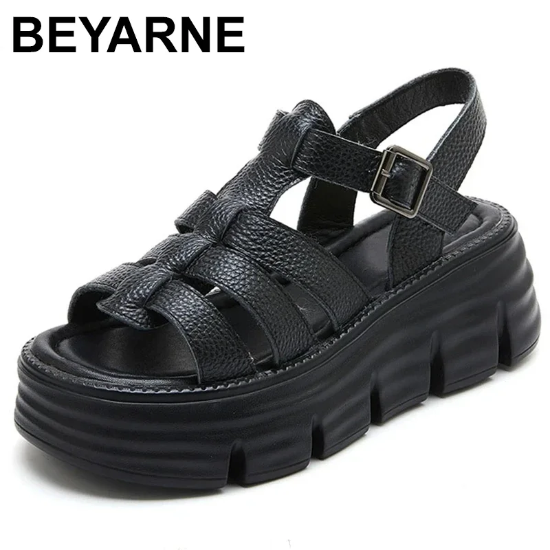 Women Sandals Summer Shoes Genuine Leather Roman Style Concise Open Toe Buckle Strap Wedges Platform Sandals Lady