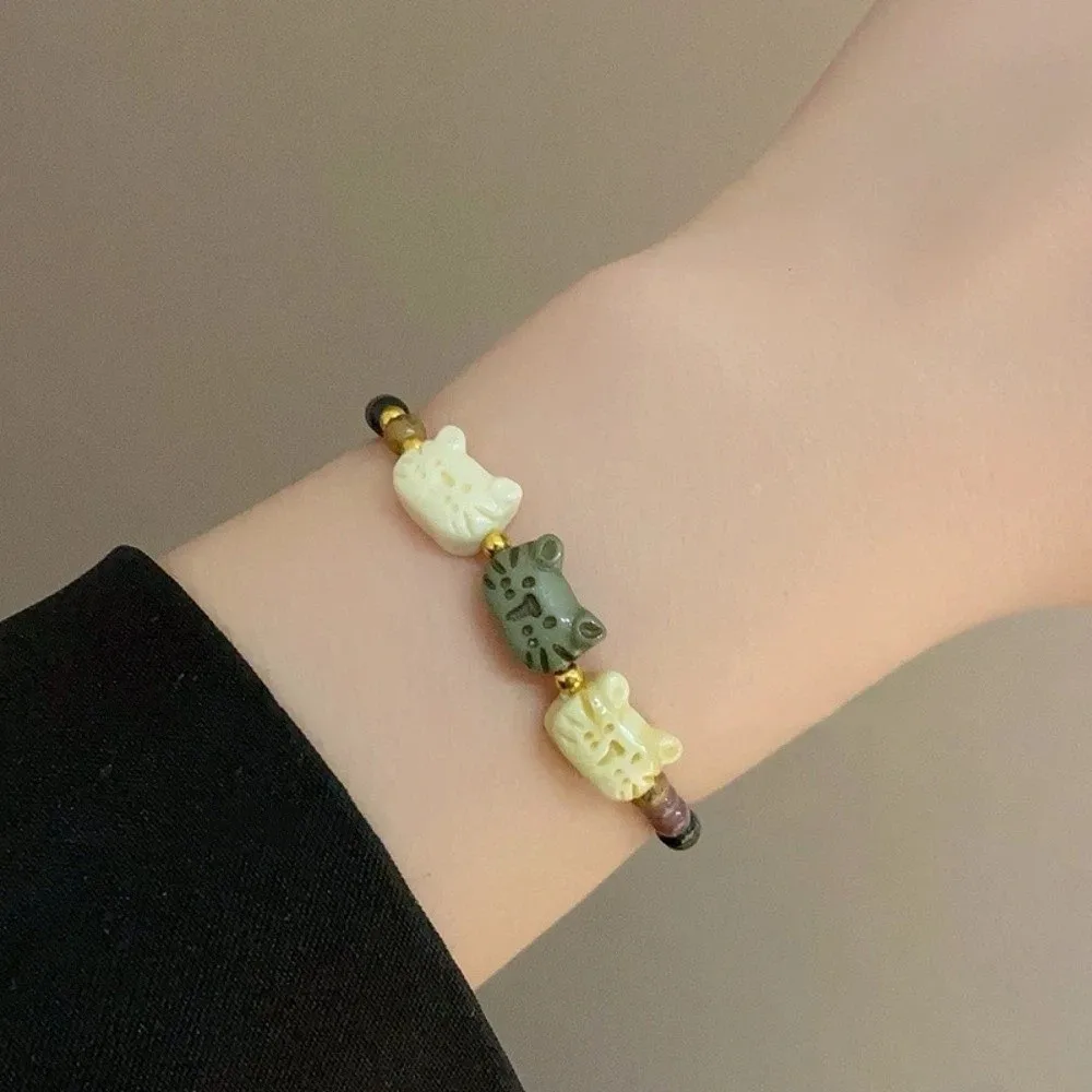 Sweet New Chinese Style Cat Bracelet Best Friend Resin Women Jewelry Cute Stacked Bracelet Gift