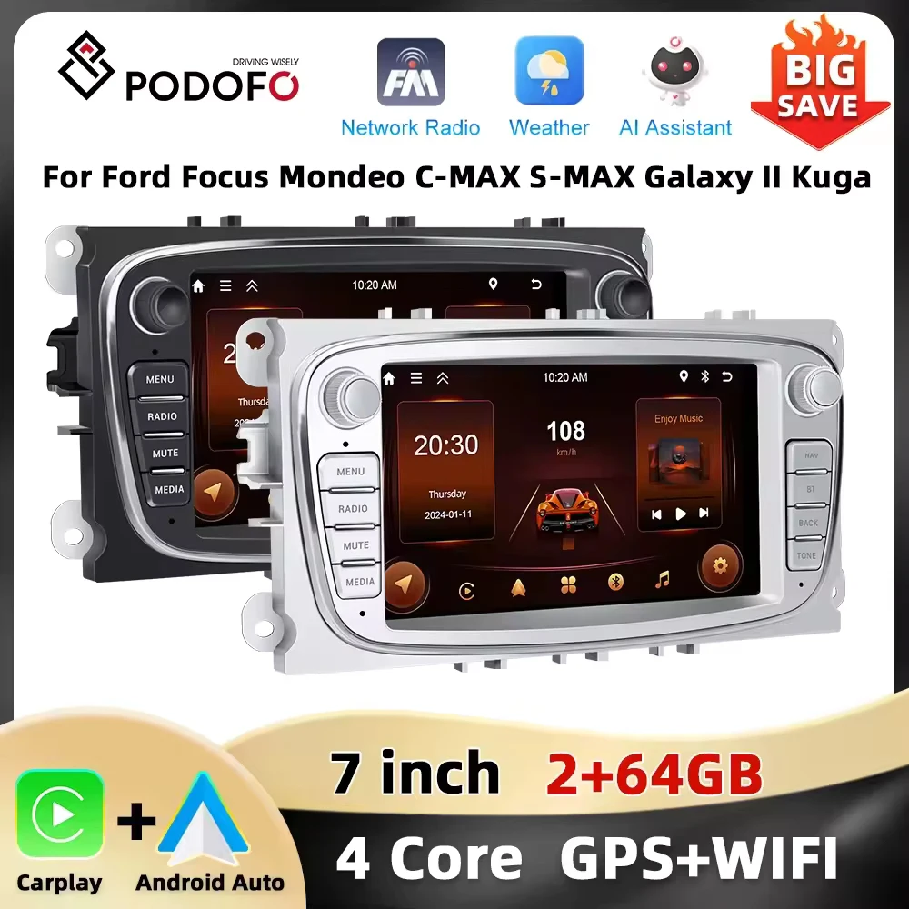 PodoNuremberg 7 "lecteur de limitation Android pour Ford Focus Mondeo C-MAX S-MAX Galaxy II Kuga Navigation GPS 2 + 64G Carplay Android Auto