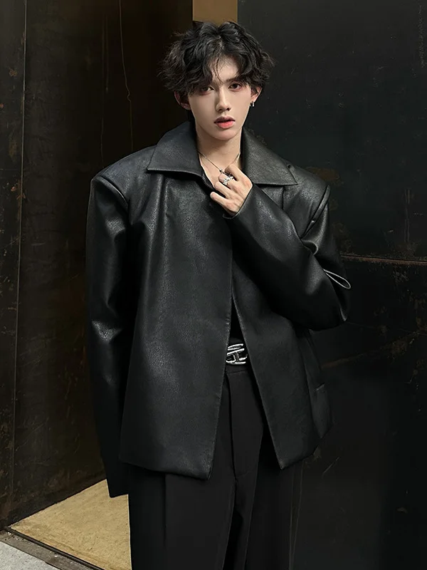 

Cleanfit Bla PU Leather Jaet Men's Autumn Winter Motorcycle Sle mat Faion Buttonl Coat Youth Trendy Top