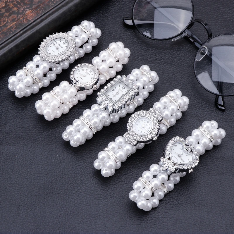 Women Watch Simulated Pearl Rhinestone Luxury Fashion Elegant Wrist Band Bracelet Jewelry Gifts Lady Elastic Charms