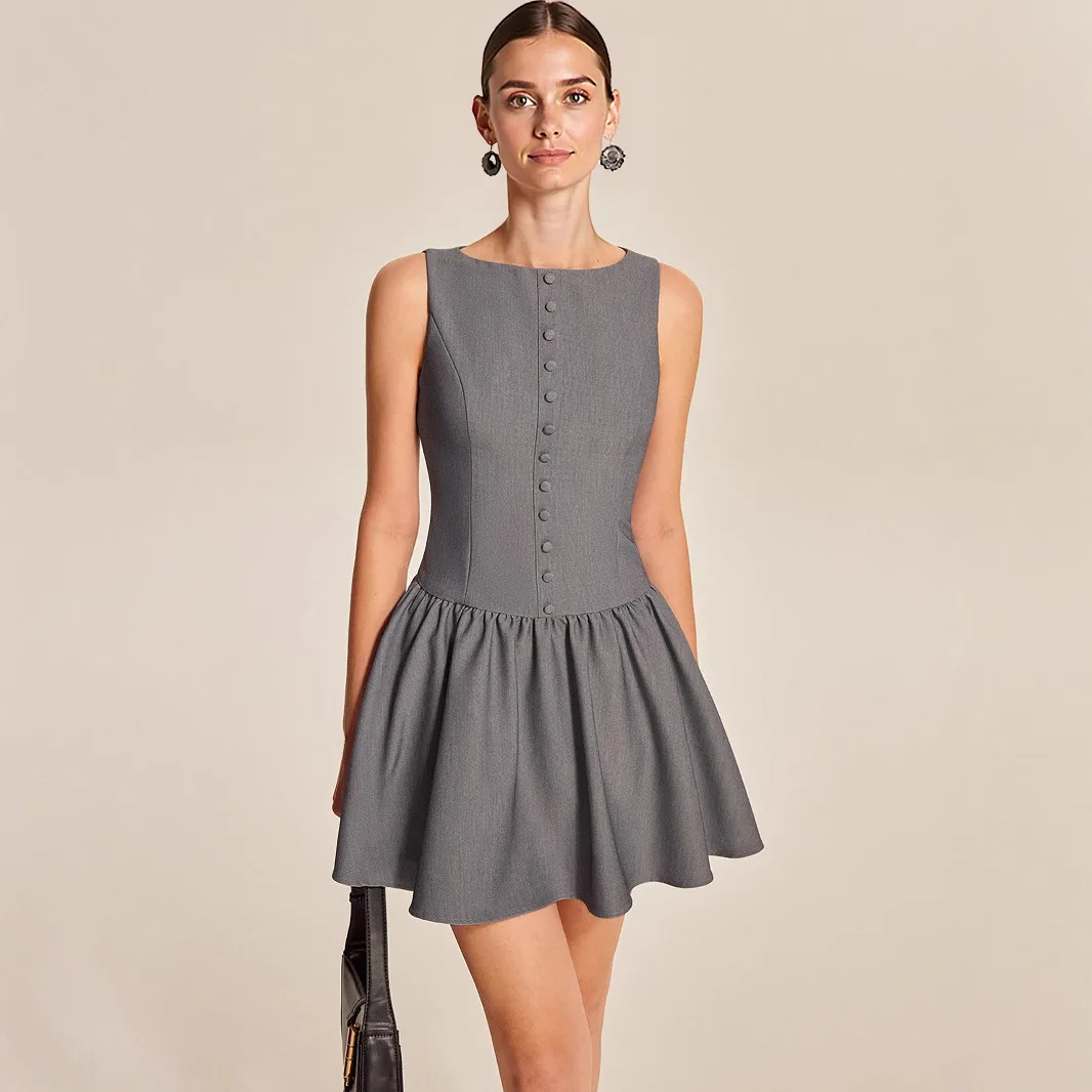 2025 Summer New Women Sleeveless Casual Button A-line Skirt with Lotus Leaf Edge Elegant Mini Female Vestidos