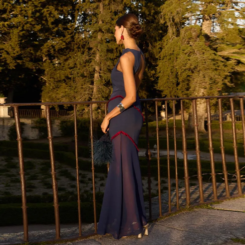 Robe mi-longue sans manches pour femmes, élégante, dos nu, Sexy, moulante, maille, Patchwork, haute rue, longue, fente haute, Chic