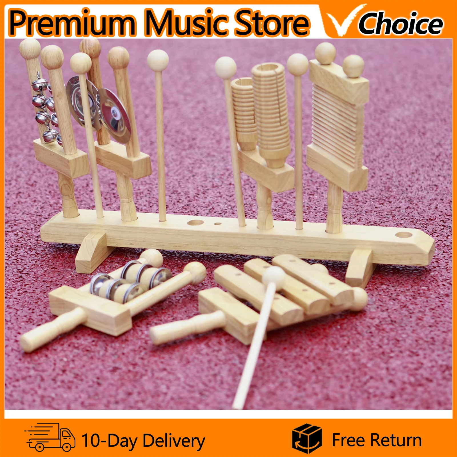 Orff Instrument Set Wooden Handbell Scraper Hand Cranked Bell Gong Tapping Board Percussion Instrument with stick Bracket