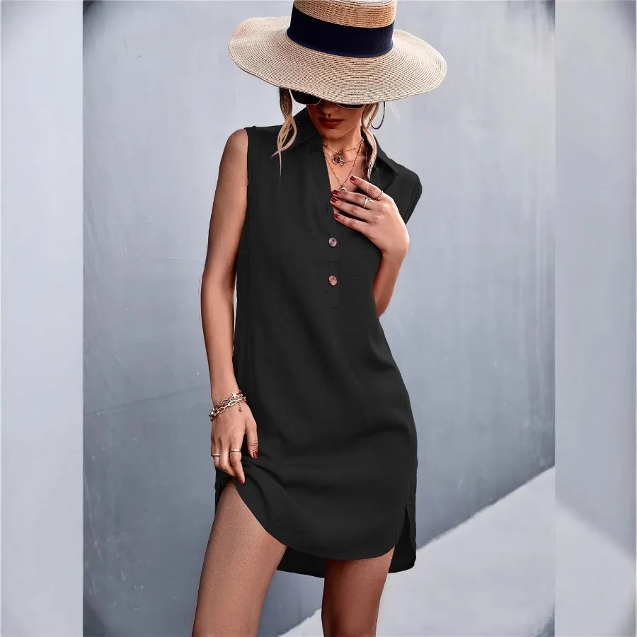 

【New style】2026 eBay hot sale summer European and American new products V-neck buttons split linen sleeveless vest dress