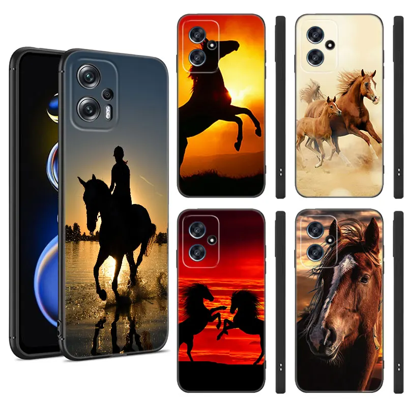 Horse Animal Black Silicone Phone Case For Xiaomi POCO X3 X4 NFC F3 F4 GT F5 M3 M4 M6 X5 X6 Pro 5G C55 C65 M5