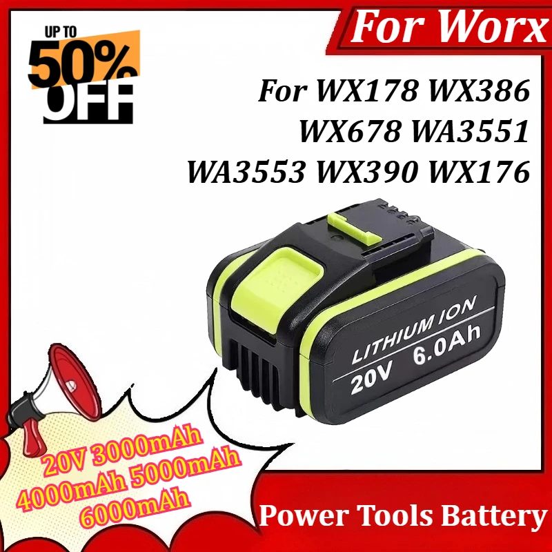 20V 3000mAh-6000mAh Power Tools Replacement Battery for Worx WX178 WX386 WX678 WA3551 WA3553 WX390 WX176 Lithium Battery