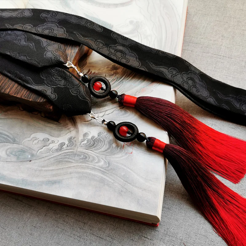 Hiasan kepala Hanfu kuno Cina, aksesori kepala Hanfu tali rambut merah hitam uniseks Aksesori gradien rumbai panjang, alat peraga Cosplay