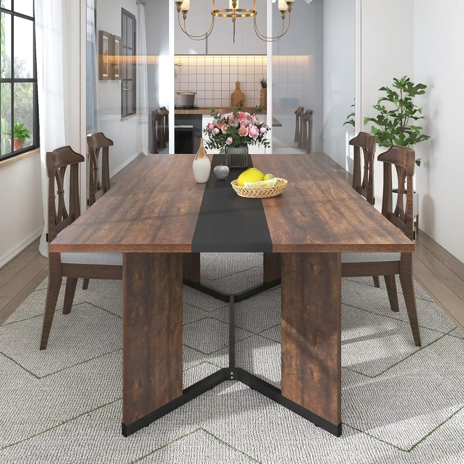 Large Rectangular Dining Table for 2 3 4 5 6 People w/Wood Brown Tabletop,Adjustable Leg.5.2 ft Luxurious Family