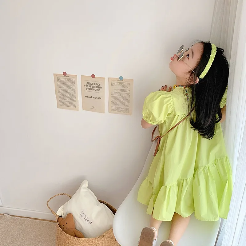 Meninas moda rosa vestido de princesa crianças verão puff manga vestidos casuais crianças estilo coreano malha roupas presente lolita vestido