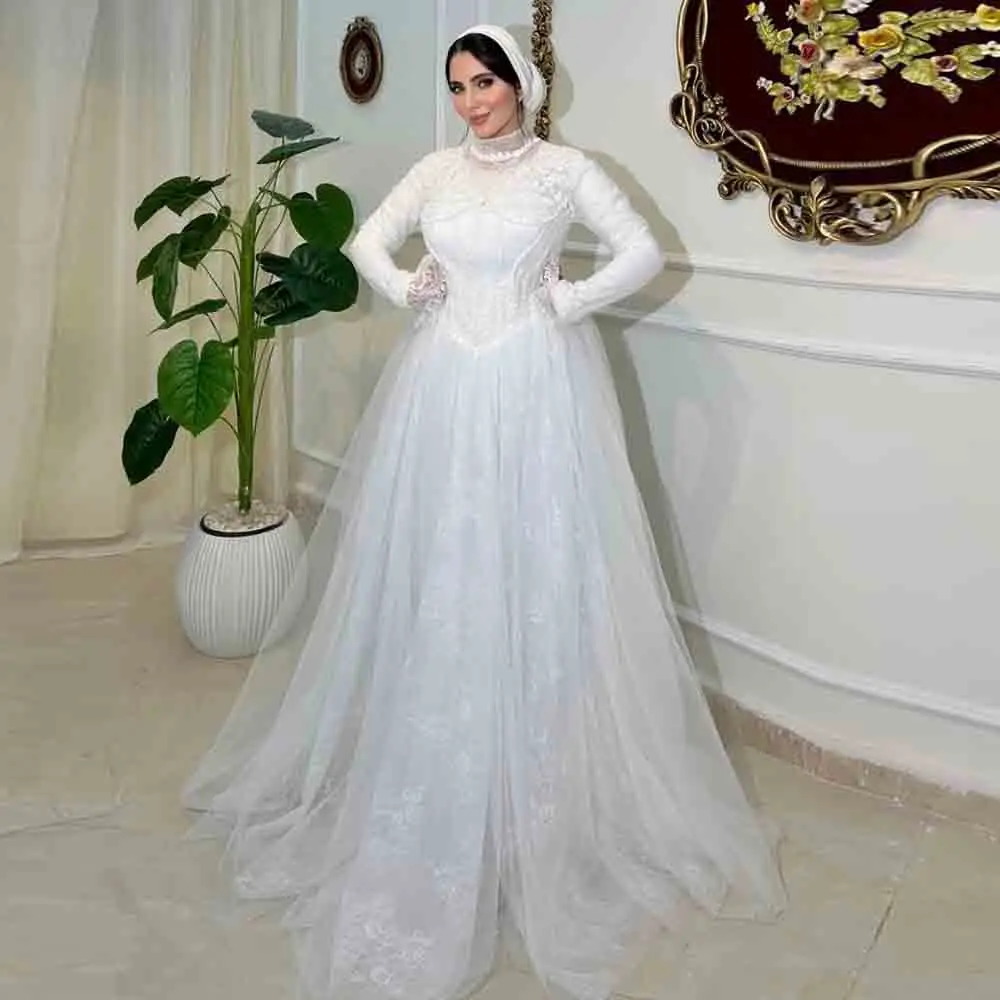 Customized Modest Muslim Wedding Dress High Neck Long Sleeve Lace Corset Bridal Gown Lace Tulle Islamic Hijab Engagement Dress