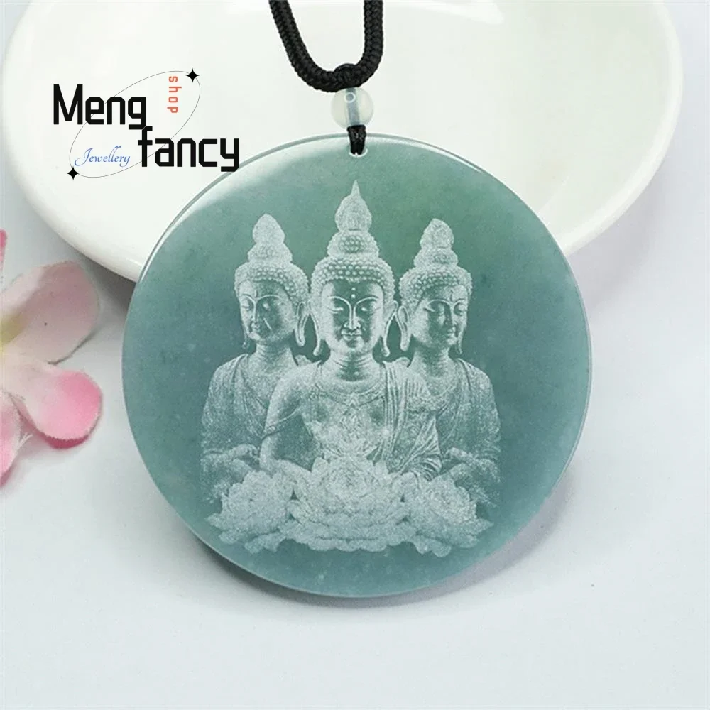 

Natural Jadeite Blue Water Exquisite Elegant Simple High-grade Three Saints Jade Shadow Carving Pendant Luxury Quality Jewelry