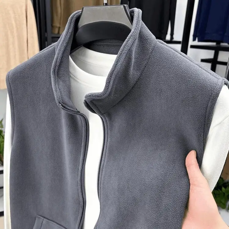 Thickened Double-sided Fleece Stand-up Collar Vest Men's Autumn Winter Warm No-sleeve Tank Top Fashionable Urban Style
