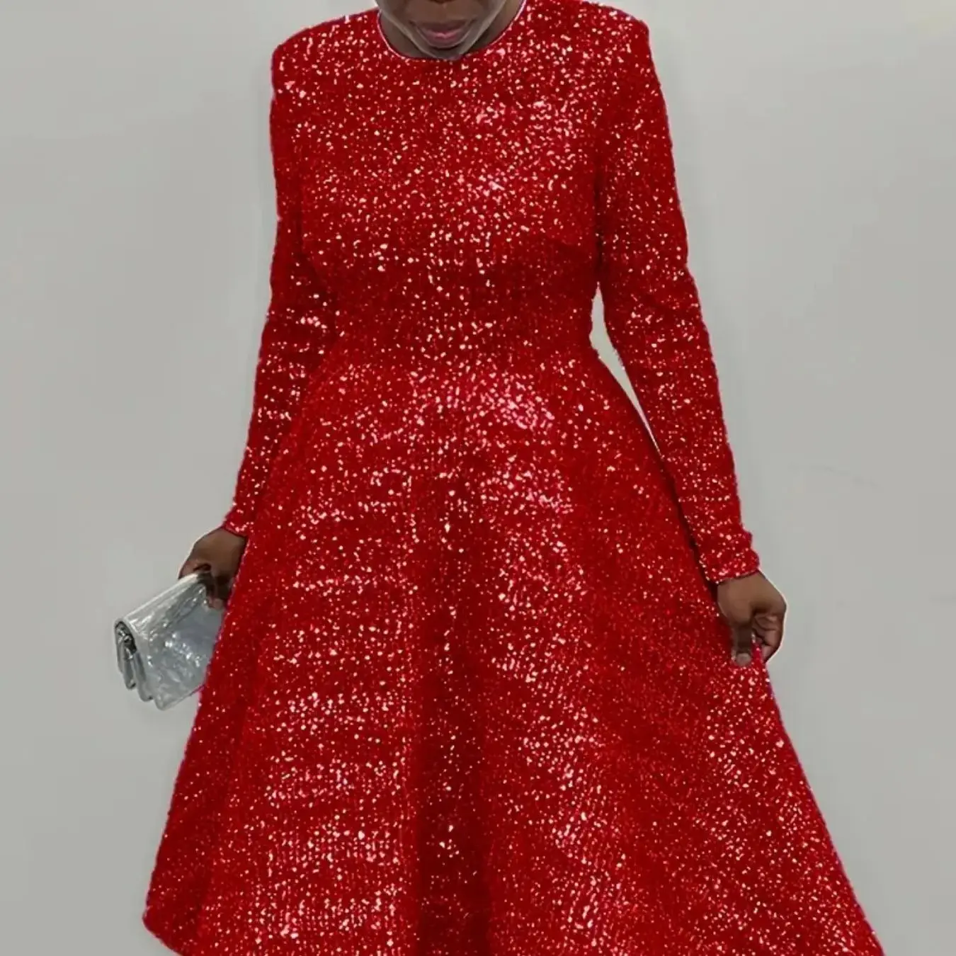 فستان نسائي للخريف والشتاء مقاس كبير، رقبة دائرية، أكمام طويلة، لون خالص، مطرز، عالي الخصر، فستان أنيق متوسط الطول #5