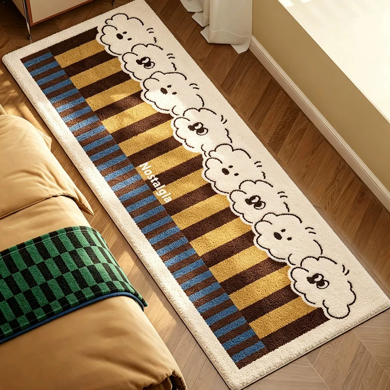 Bedroom Rug Soft Comfortable Bedside Mat Living Room Carpet Faux Cashmere Retro Linear Puppy Pattern Floor Mats Home Decor Rugs