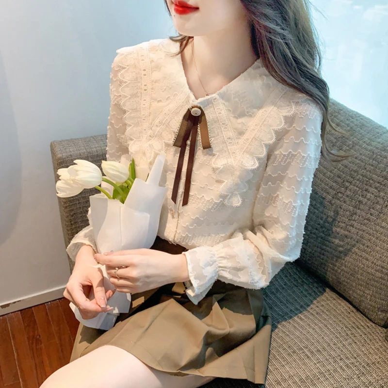 Korean Lace Patchwork Shirt Tops Spring Autumn New Long Sleeve Solid All-match Sweet Blouse Temperament Fashion Women Clothing