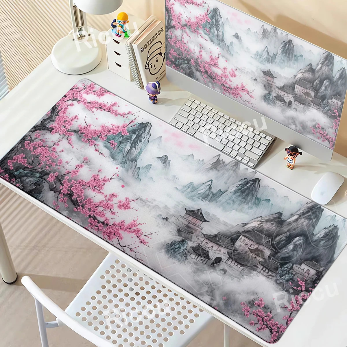 Ink Painting Cherry Blossom Landscape Mouse Pad PC Large Black Pink DeskMat Office Accessories XXL Gamer Mousepad PC Cabinet Rug