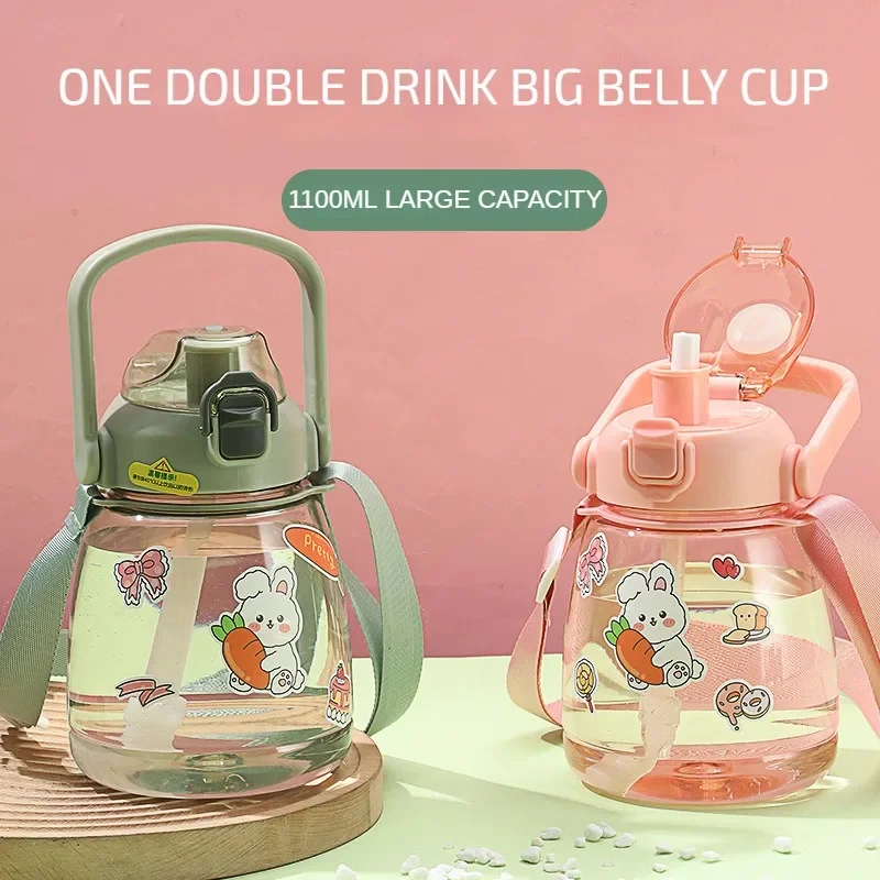 

Large Capacity Cute Water Bottle with Straw & Lid Adjustable Shoulder Straps Anti Slip Sealed Children Water Cup Gift Stickers