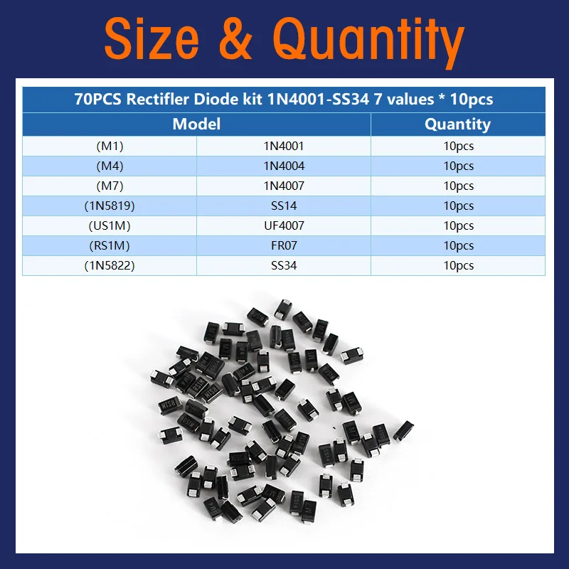 70/90pcs SMA SMD Rectifier Diode Kit 1N4001 1N4004 1N4007 SS14 SS24 SS34 SS16 SS26 SS36 for DIY PCB Circuit Board Projects