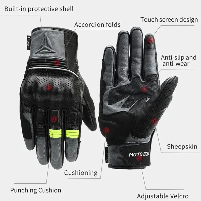 Motowolf CE Approval Motorcyclist Gloves Retro Summer Moto Gloves for Men Motorcycle Gloves Goatskin Leather Racing Gear