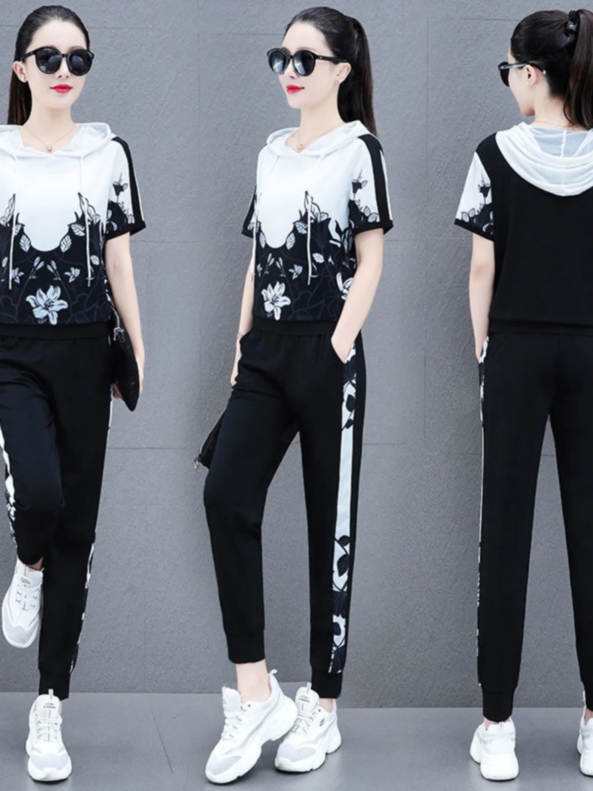 

Summer 2026 Casual Sportswear Set Women's Faionable Hooded Slimming ort Sve Loose Running Two-Piece Set Polyester Fiber