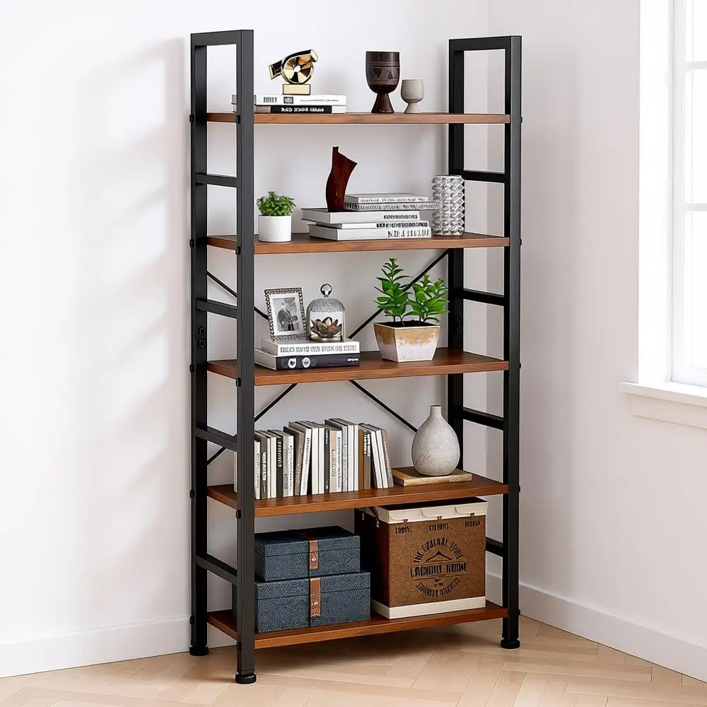 

Пятиуровневая книжная полка, классический дизайн, высокие полки для гостиной/дома, органайзер для хранения CD-дисков/книг/фильмов, цвет: рустик-коричневый