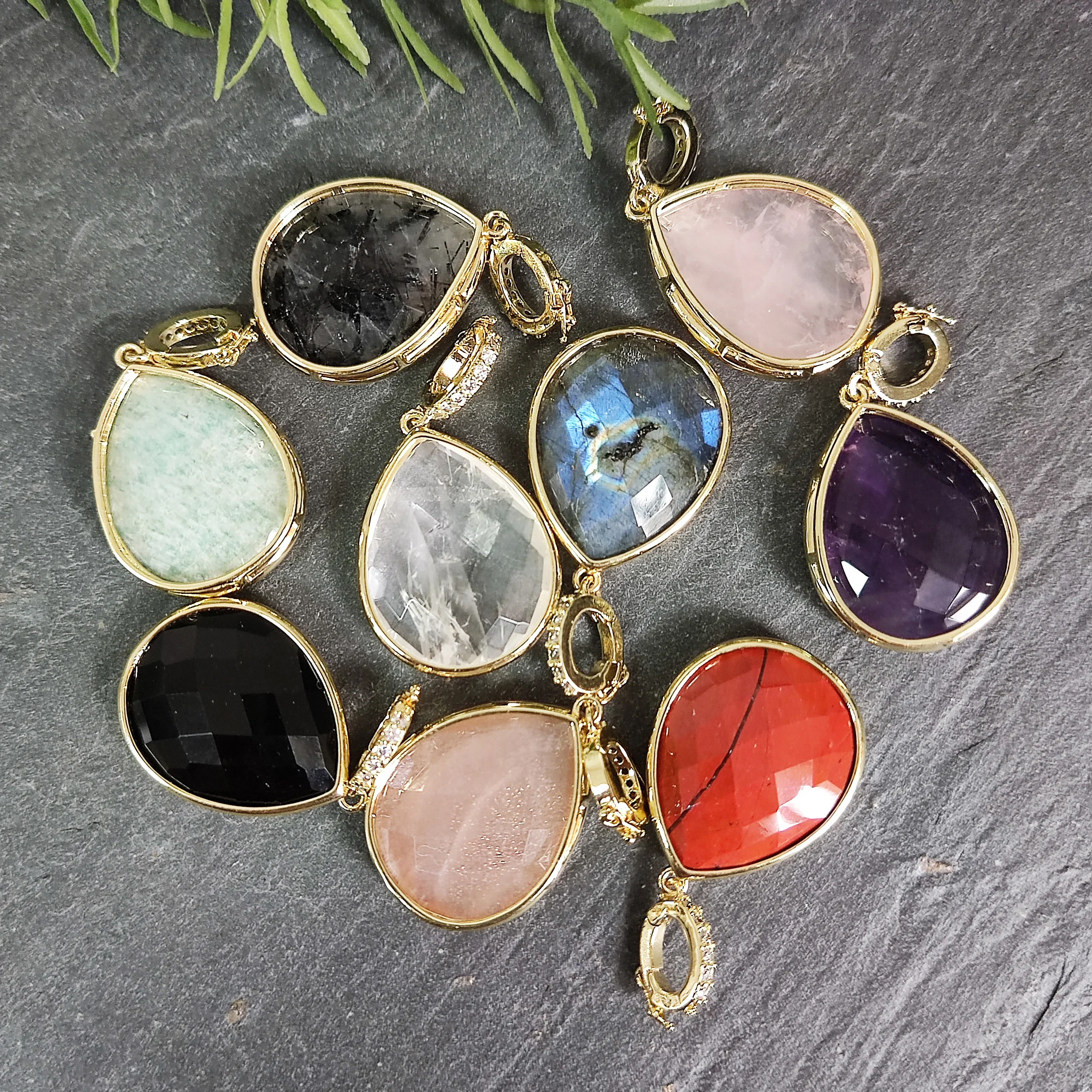 Natural Gemstone Charm Pendant, Obsidian Sunstone Amazonite Amethyst Healing Crystal Charm for Necklace, DIY Jewelry Findings
