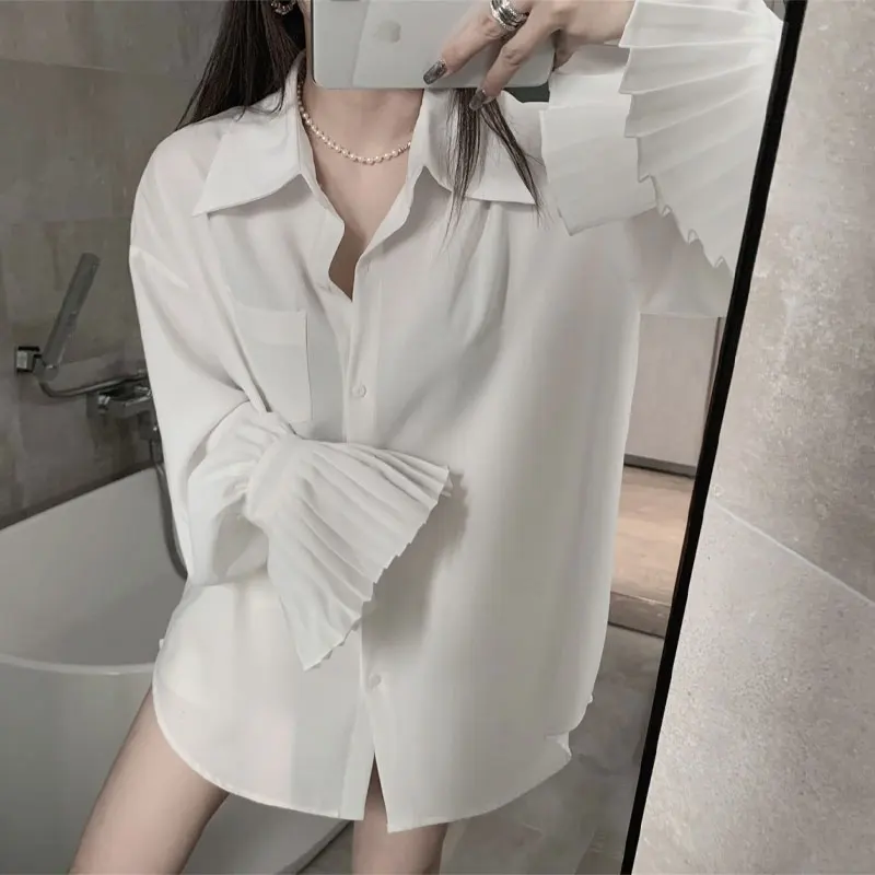 Korean Pleated Long Sleeve Blouse Commute Turn-down Collar Spring Autumn New Women\'s Clothing Solid Color All-match Casual Shirt