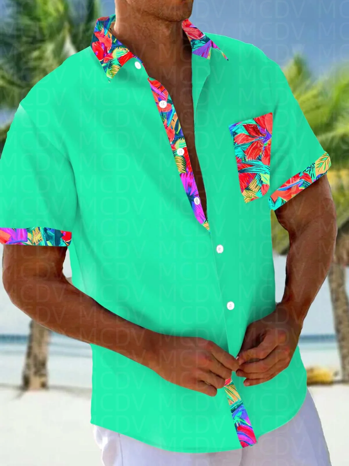 Green Pattern Men's Hawaiian Shirt Stretch Easy Care Camp Shirt Big Tall