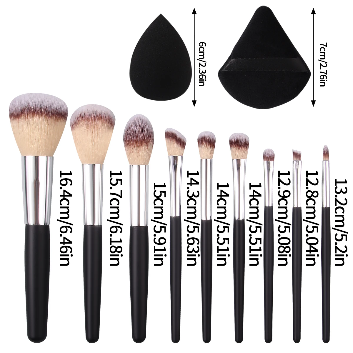 9PCS Black wooden-handled makeup brush set, loose powder, blush, eyeshadow brush, sponge makeup egg + triangular powder puff