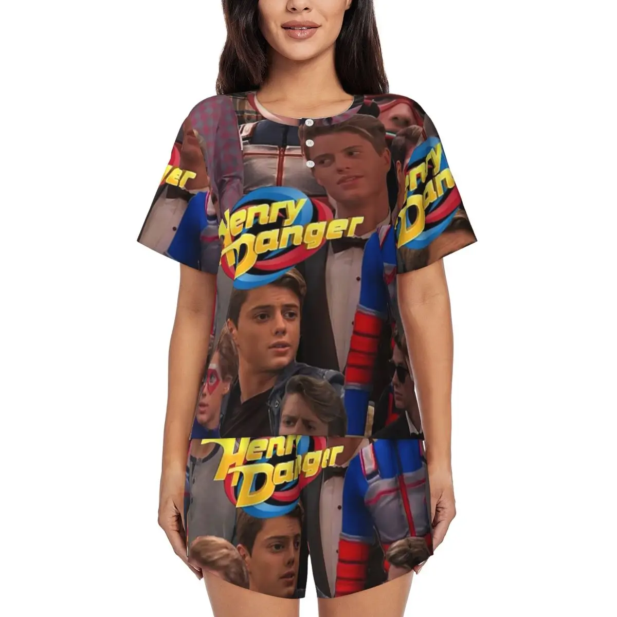 

Henry Danger Round Neck Short Sleeves Nightdress for Sleeping Sleepshirts Women Loose Pajama Set Short Pants