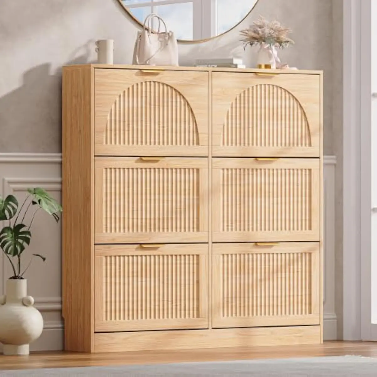 Slim Entryway Shoe Cabinet with Arch Fluted Panels, Six Flip-Door Compartments, Adjustable Dividers, Wall-Flush Base, Space-Savi