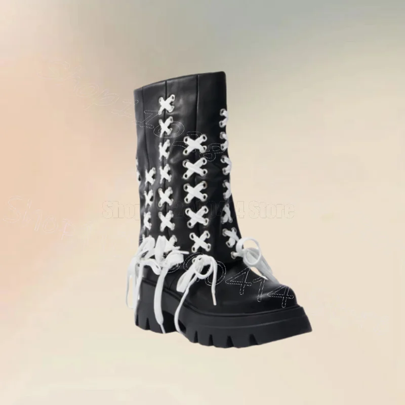 

White Strappy Black Thick Bottom Boots Slip On Women Shoes Chunky High Heels Round Toe New Party Dating 2025 Zapatos Para Mujere