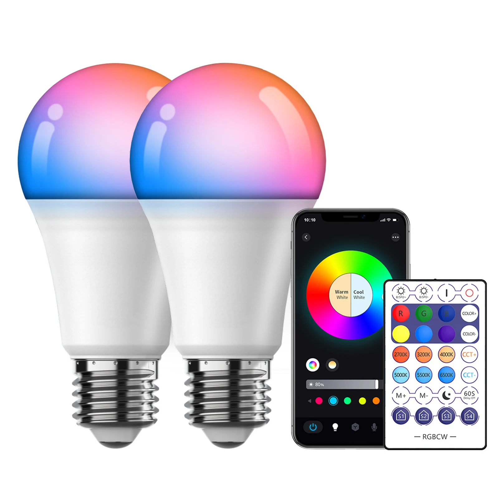 Lighting - スマートWi-Fi対応電球2個入り。リモコン操作、音声操作、RGB+CCTカラーチェンジ機能付き。2700K～6500Kの調光可能、E27口金LED電球。