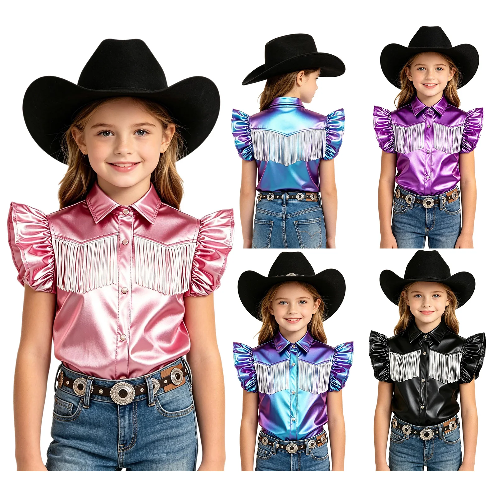 Kids Girls Western Cowgirl Cosplay Costume Metallic Shirt Ruffled Sleeves Press Buttons Tassel Tops for Halloween Carnival Party