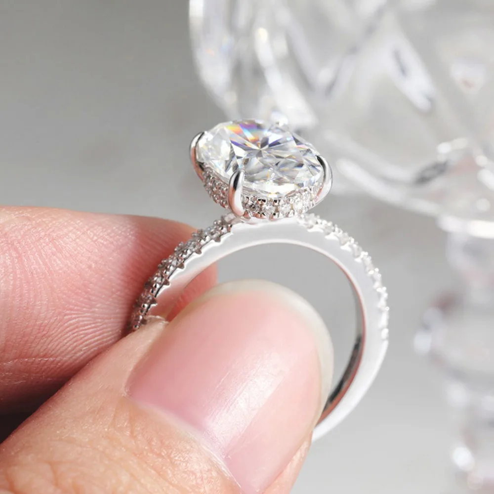 4.5CT Oval Cut Full Moissanite Engagement Ring for Women S925 Silver Plated 18K Gold Hidden Halo Diamond Wedding Band JewelryGRA