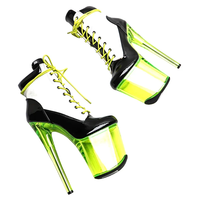 Leecabe 20CM/8 pollici Vernice PU Tomaia in bianco e nero Tendenza moda sexy trasparente Stivaletti con plateau con tacco alto Stivale da pole dance