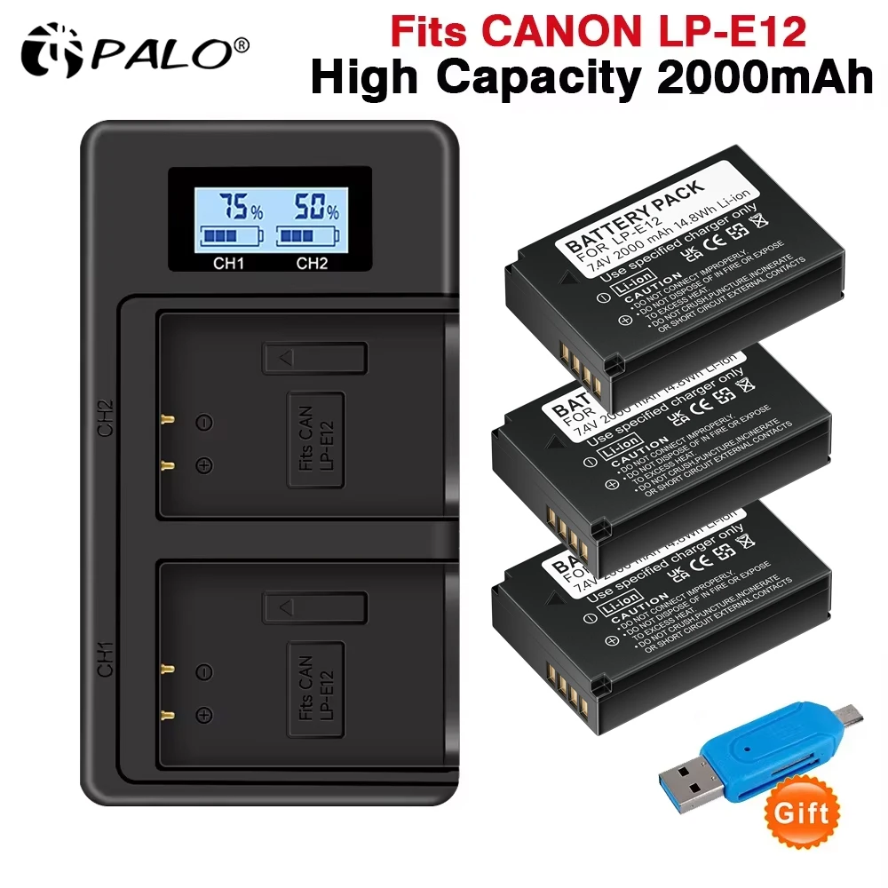 PALO 100% Original LP-E12 LP E12 LPE12 Li-ion Battery+LCD USB Dual Charger for Canon EOS M50, EOS M100, 100D Kiss X7 Rebel SL1