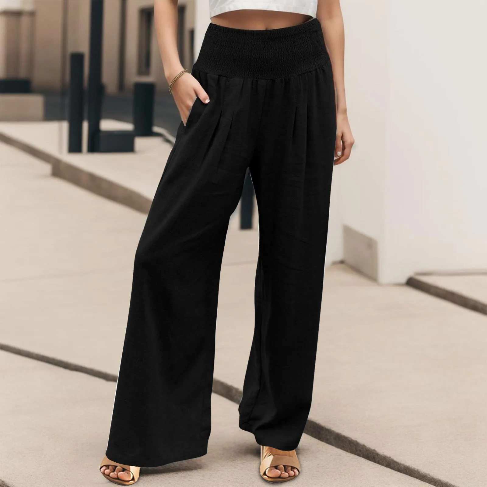 

Spring Summer 2024 Solid Style Bloomers Wide Leg Pants Women Vintage Full Length Elegent Solid Elasitic Waist Trousers