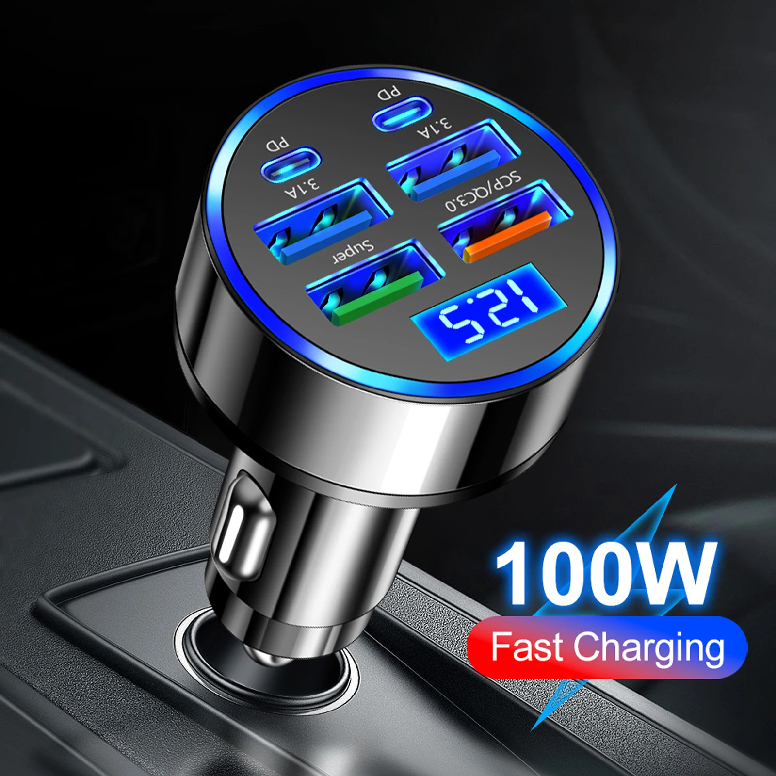 6 in 1 100W Multi Port Car Charger 4USB 2PD Car Charger Adapter Fast Charger for Cell Phones Tablets and Other USB Devices