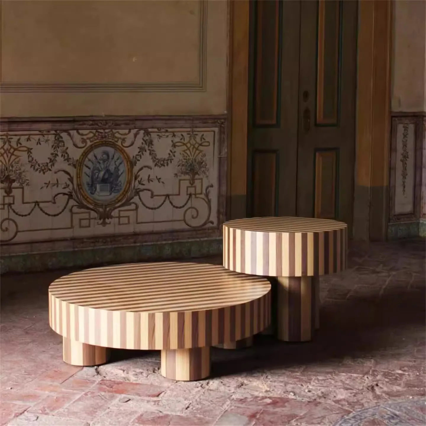 Italian Designer Retro Light Luxury Wabi-Sabi Style Solid Wood Tree Bark Coffee Table Small Side Table Set for Living Room