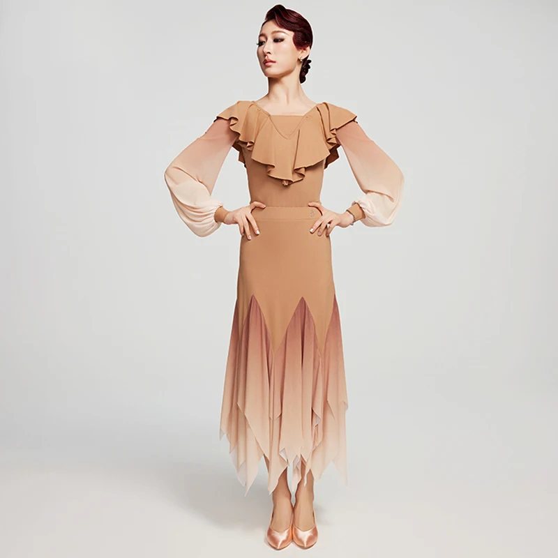 Dorośli nowoczesne stroje do tańca rękawy z marszczeniami top w stylu latynoskim długa spódnica damska walc taniec towarzyski profesjonalne sukienki SL12574