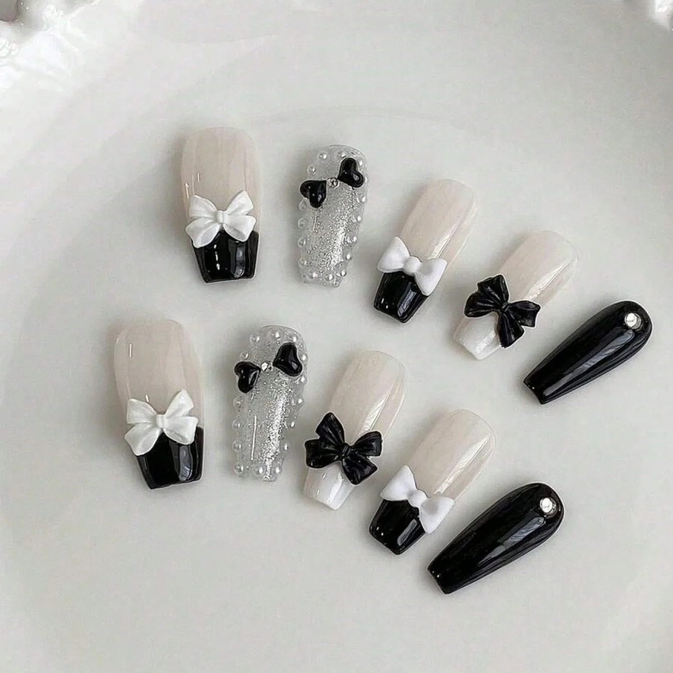 Long Tapered 10Pcs Press On Nails, Black White French 3D Bow Heart Pearl Glitter Handmade False Nails, Cool Sweet Nail Tips