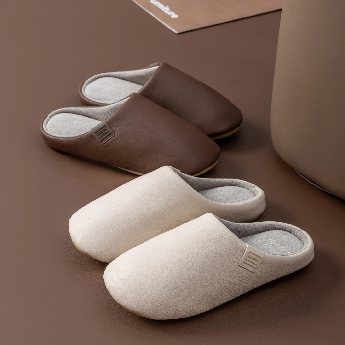 Women's Winter Slippers, Fuzzy-Lined House Shoes with Non-Slip Sole, Soft Leather-Look Waterproof Slip-Ons for Indoor Comfort