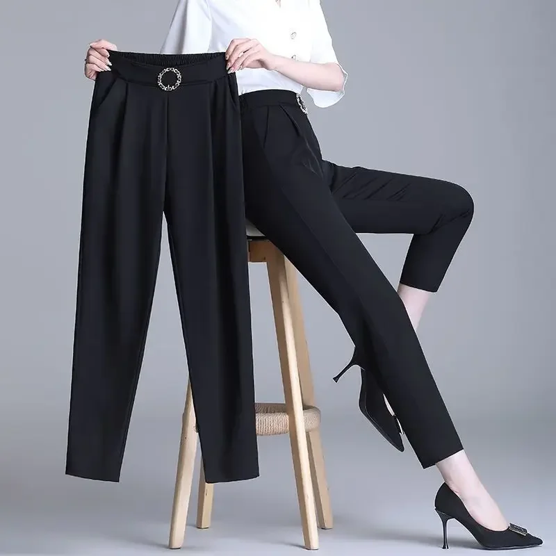 Women's Clothing Spring Autumn Solid Color Elastic Pockets High Waist Loose and Elegant Vacation Trousers Straight Pencil Pants