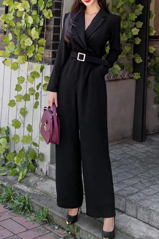 Autumn and Winter Socialite Temperament Suit Collar Straight Leg Pants Cinched Waist Jumpsuit for Women